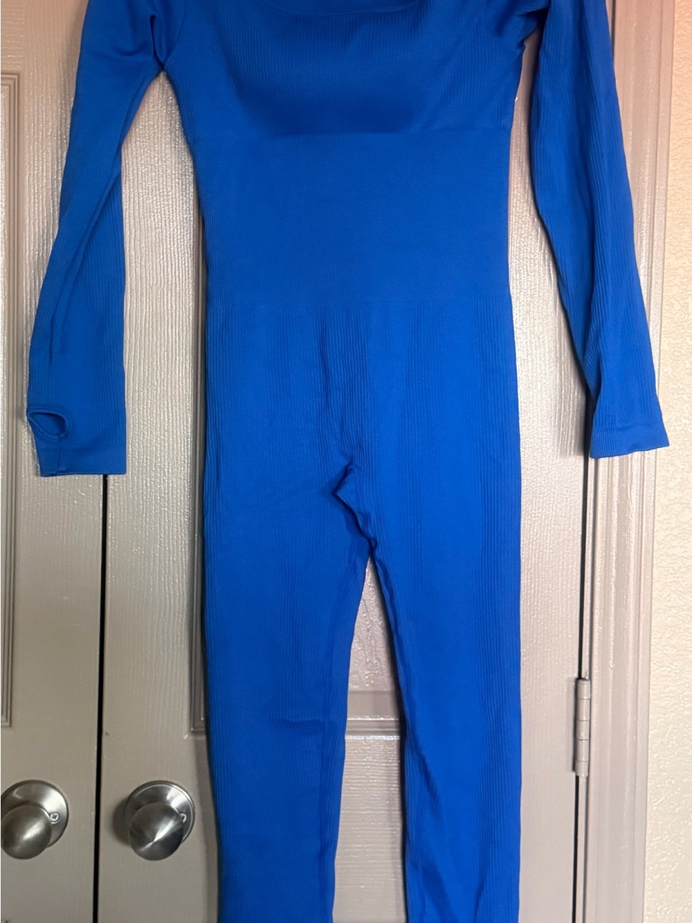 Royal Blue Ribbed Long-Sleeve Jumpsuit